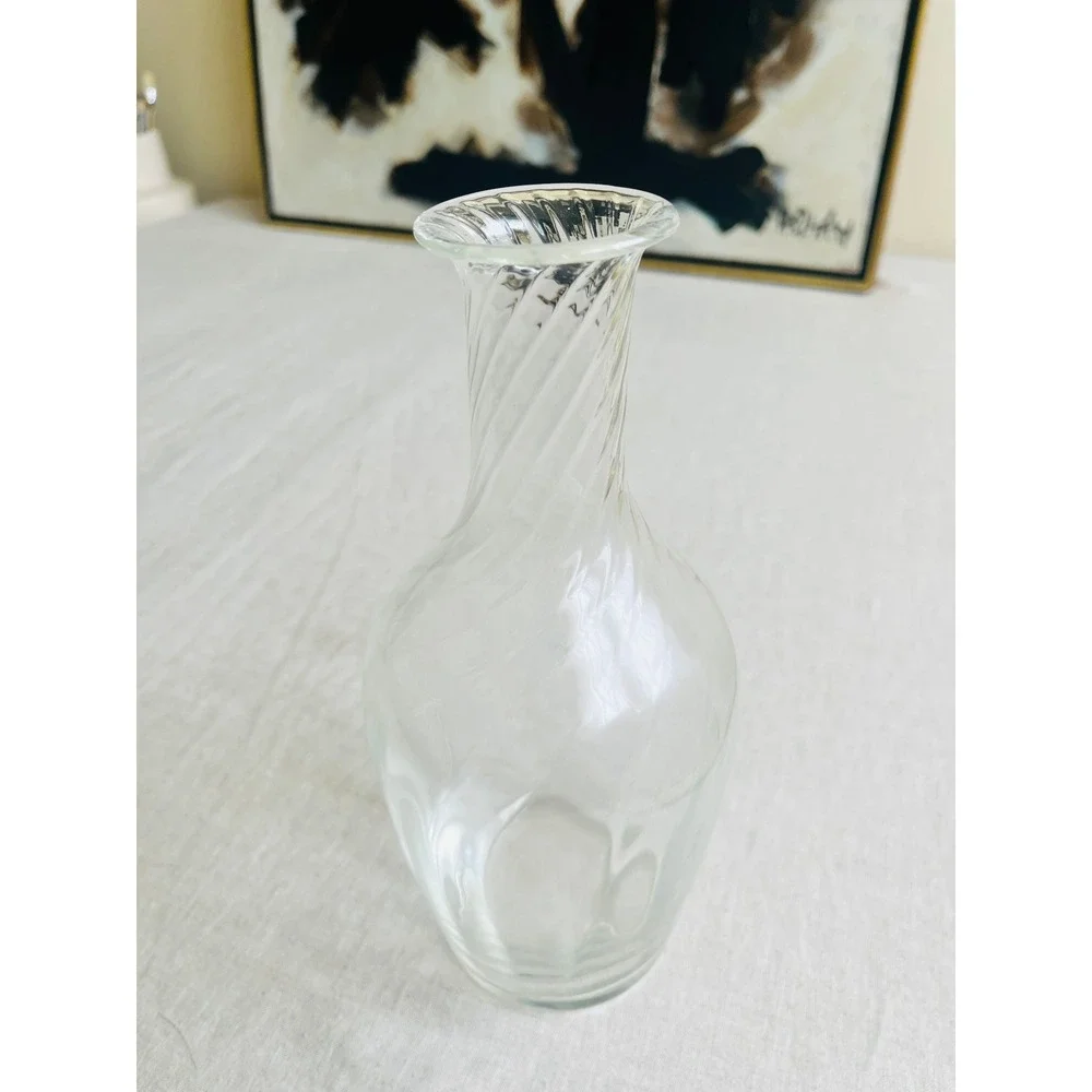 Vintage Hand Blown Optic Swirl Glass Decanter Heavy Bottom Clear 9.5 Inch